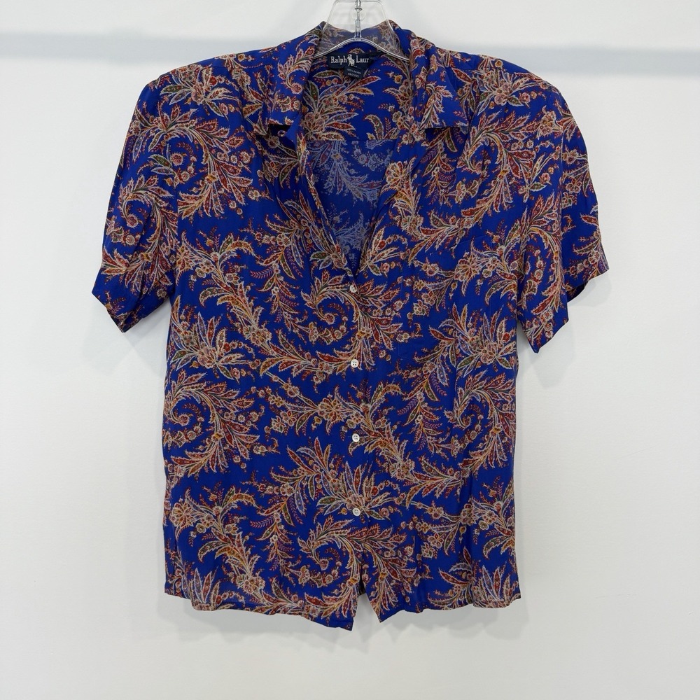 Vintage Polo Ralph Lauren Paisley Rayon Open Collar Shirt 6 Blue 80s Coastal